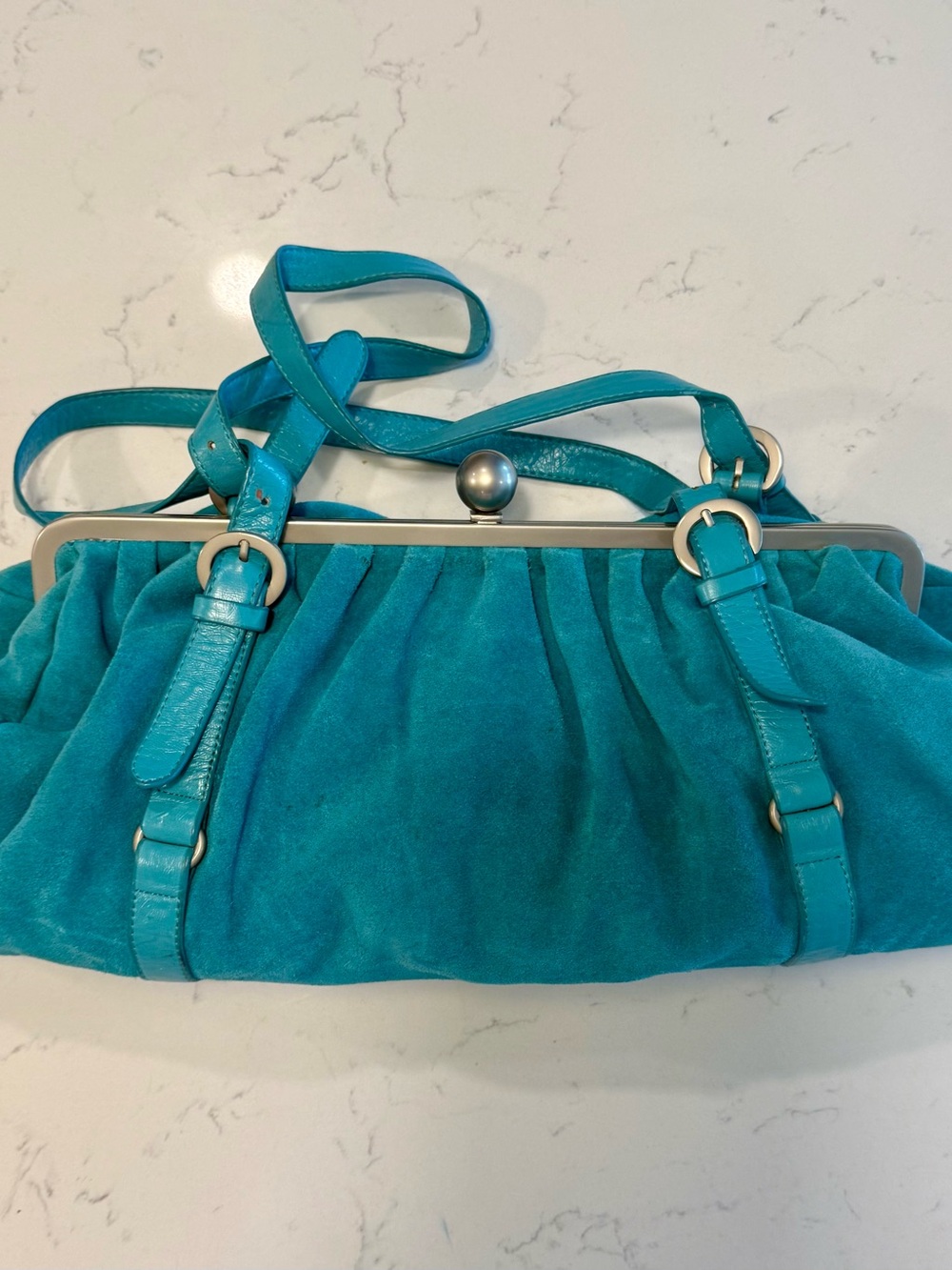Turquoise Suede Sola Shoulder Bag with Kiss Closure and Metal Frame